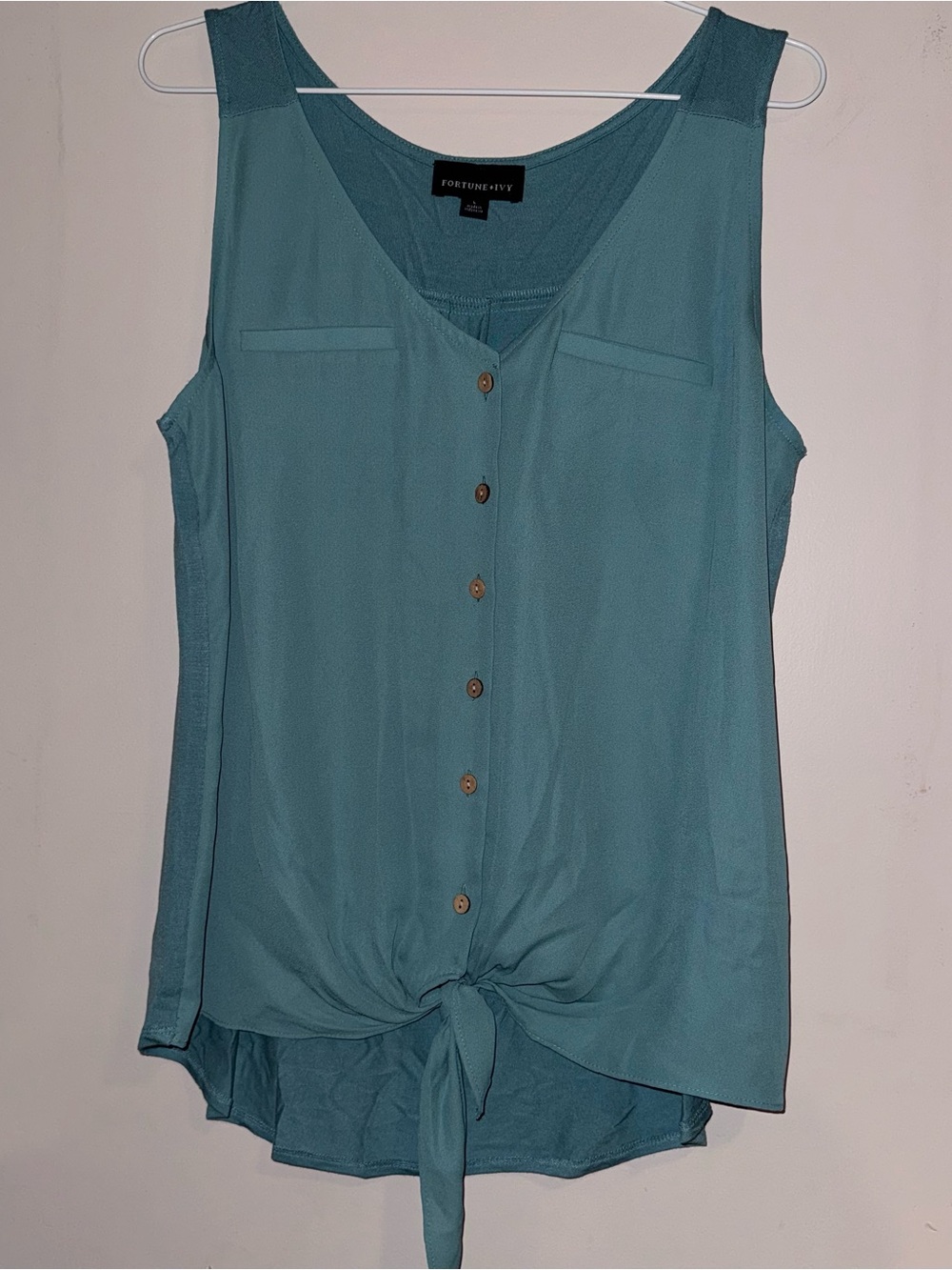 Fortune Ivy Teal Tie-Front Sleeveless Blouse